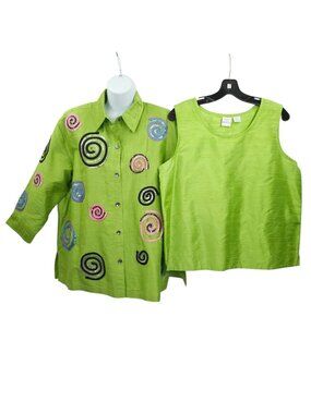 Bleu Bayou Jacket Tank 2pc Set L Lime Green Silk Sequin Swirls 90s Spiral Art